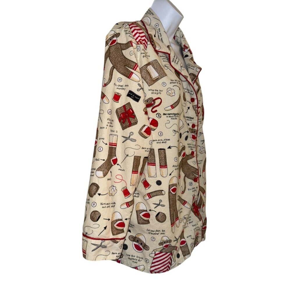 Nick & Nora Flannel Sock Monkey Pajama Top Womens XXL Plus Size Soft Sewing - Picture 4 of 9